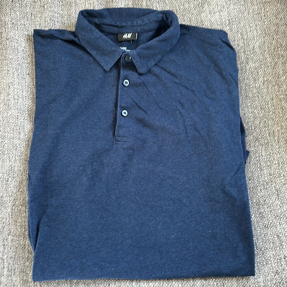 H&M Basic Fine Cotton Stretch Polo Shirt Navy Blue Heather Men's Size XL